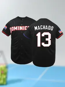 Men's Dominicana #13 Embroidered Baseball Jersey, Classic Retro Letter Embroidery Design, Breathable Short Sleeve Shirt, Loose Fit for Sports, Parties & Casual Wear, Durable Fabric, Bold Number Design, Baseball Accessories, Themed Events Attire