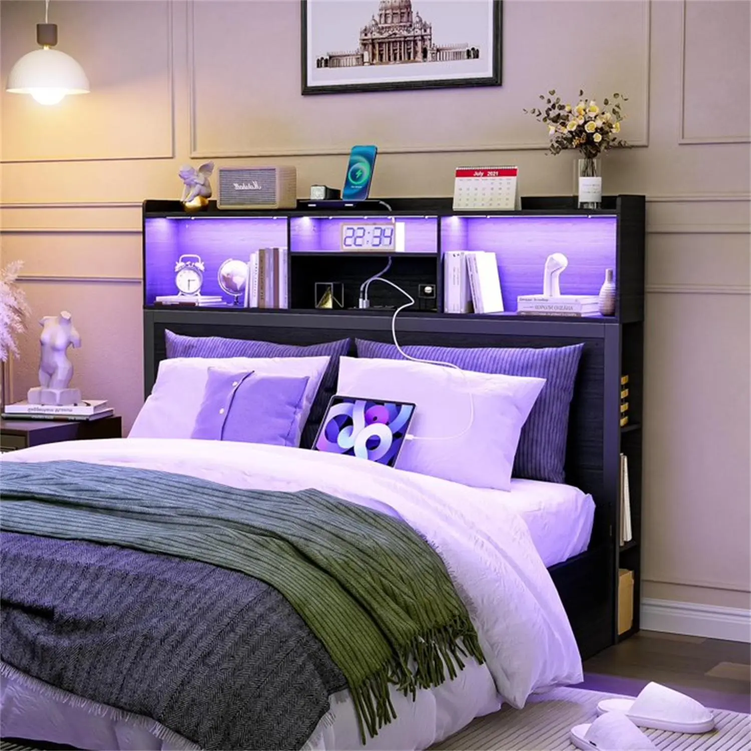Headboard with Charging Station & LED Lights,Queen/Full Headboard  for Bedroom,Stylish Bookcase Headboards with Storage, 4-Tier Bookcase Headboard and Side Storage, Black