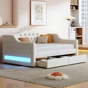 Twin XL Size Daybed with Storge Drawers, Upholstery Tufted Daybed with LED Lights, Modern Corner Sofa Bed Frame with Curved Backrest for Living Room Bedroom, Easy Assembly, Beige