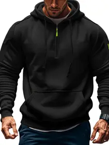 Men's Fall Winter Hooded Sweatshirt, Sporty Fitted Plaid Letter Print, Heavyweight Fleece Pullover, Casual Sports Outerwear