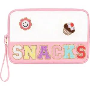 Clear Makeup Pouch Snack Bag Travel Toiletry Bag with Chenille Letters  Bag Preppy Patch Tote Bags for Women Girls