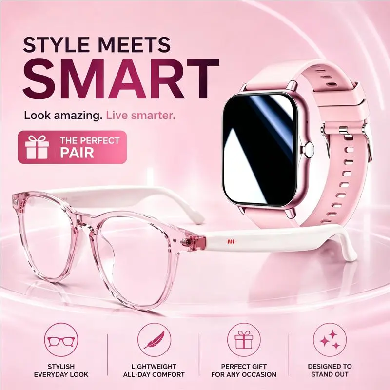 Pink AI Smart Audio Glasses & Smart Watch Set for Women, App-Based Translation, Bluetooth Music & Hands-Free Calls, Stylish Wearable Tech Combo for Travel, Work, Fitness, Daily Wear, Birthday & Holiday Gift, gafas con