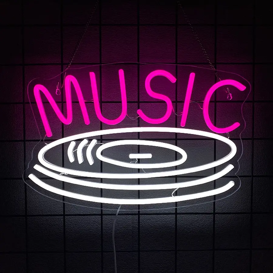 Music Record Neon Sign Pink & White Dual-Color LED Neon Decor Wall-Mounted USB-Powered Illuminated Sign Perfect for Bedrooms/Studios/Live Music Venues/Record Shops/Kids' Rooms/Party Decor