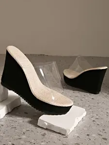 Transparent Wedge Sandals, Thick Sole Heeled Open-Toe Flip Flops, European and American Style Stylish Versatile Beach Shoes, Casual Summer Footwear