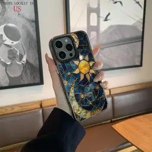 Blue and Golden Sun Moon Pattern, Simple Metal Energy Black Phone Case, Fashionable Trendy Design Hot, Thickened Protection Anti-Fall Shockproof, Suitable for iPhone 16/14/13/12/11/XS/XsMax, Perfect Holiday Gift for Boyfriend/Girlfriend or Family Members