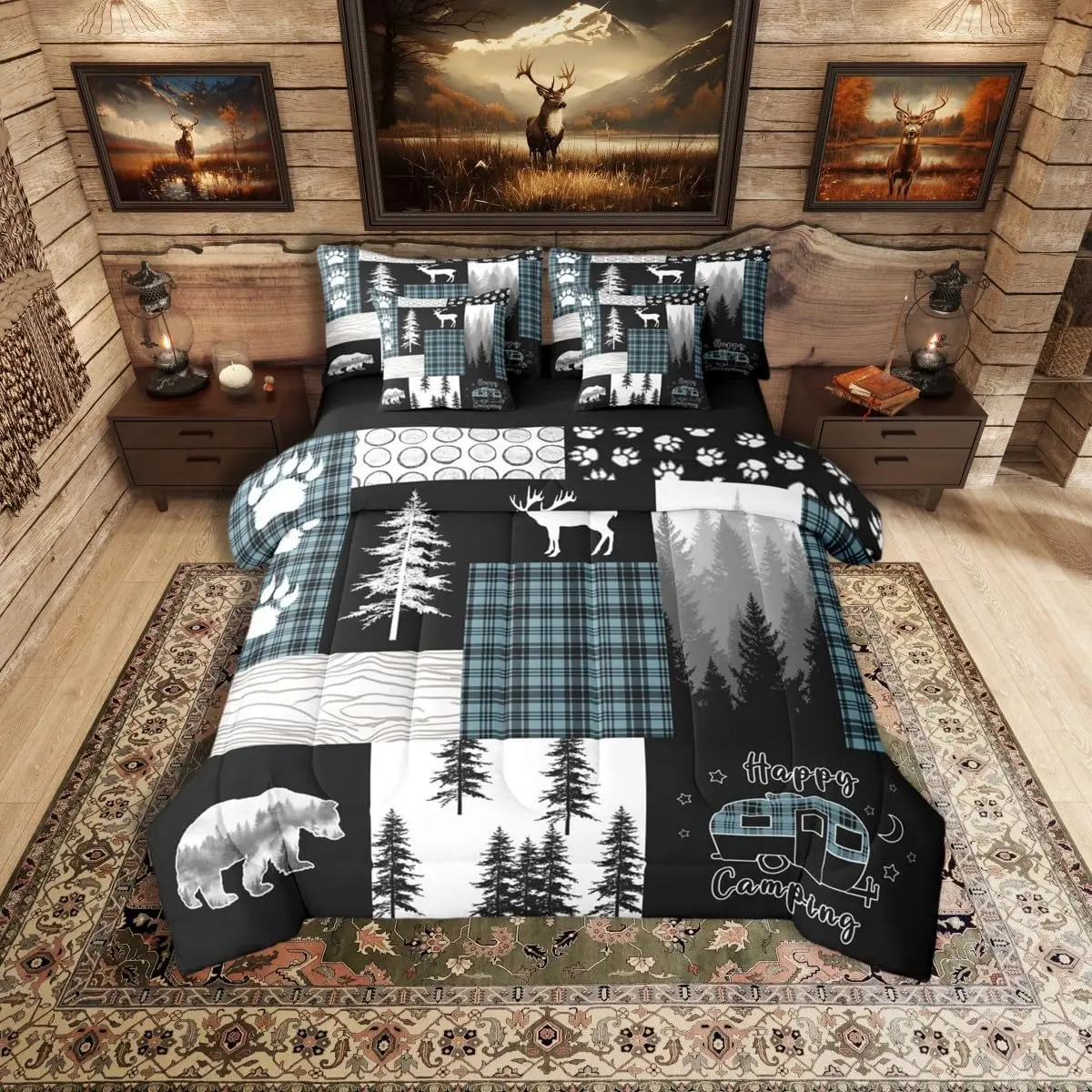 7Pc Rustic Cabin Bear Bedding Sets,Deer Hunting Farmhouse Lodge Comforter Set with Sheets,Blue Black Buffalo Plaid Patchwork Quilt Camping Decor RV Bunk Camper Bed in a Bag