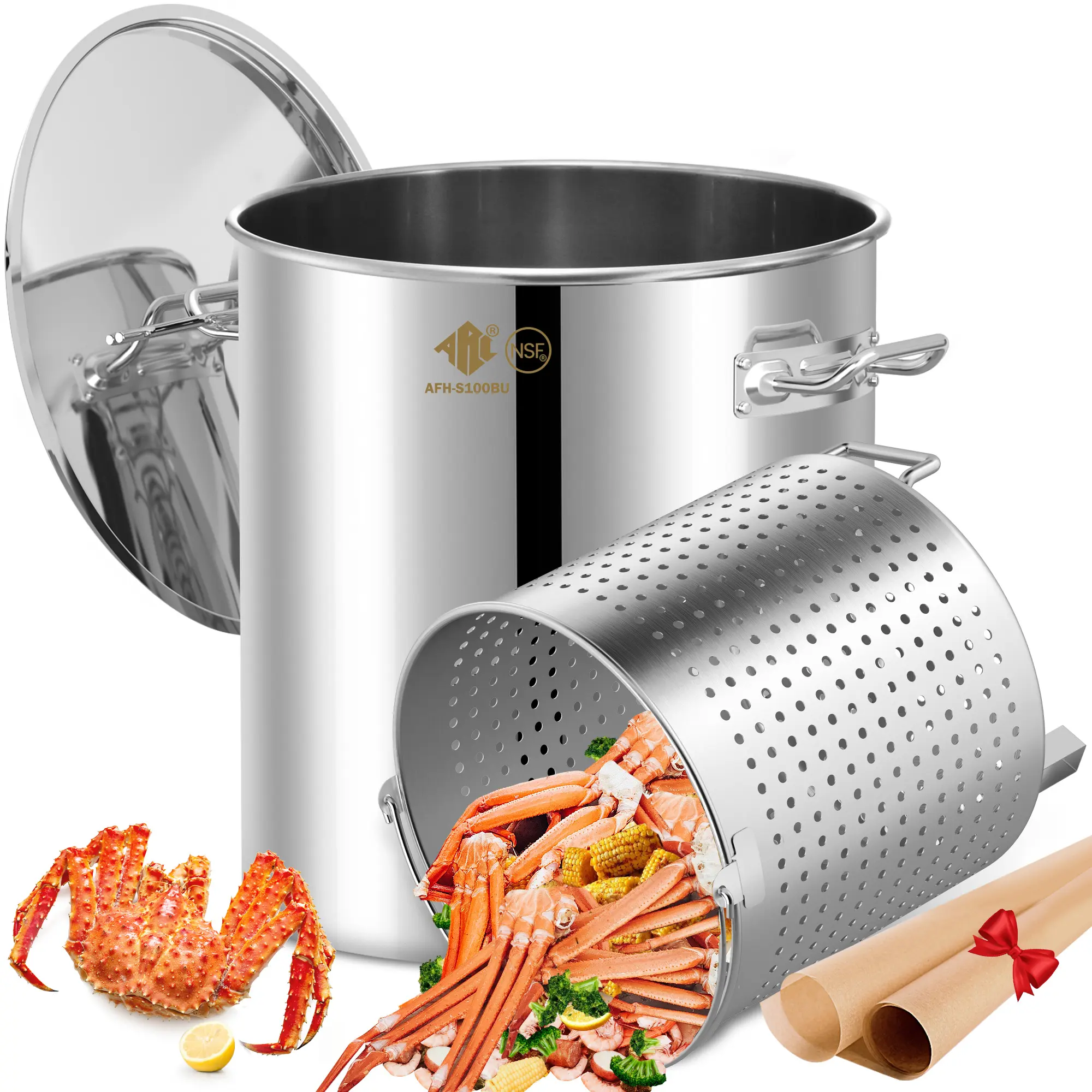 ARC 100-Quart Stainless Steel Seafood Boil Pot with Basket and 2 Brown-paper Table Cover, Larger Crab Pot for Cooking, Stock Pot for Crawfish, Crab, Lobster, Shrimp and Turkey Fryer, 25 Gallon