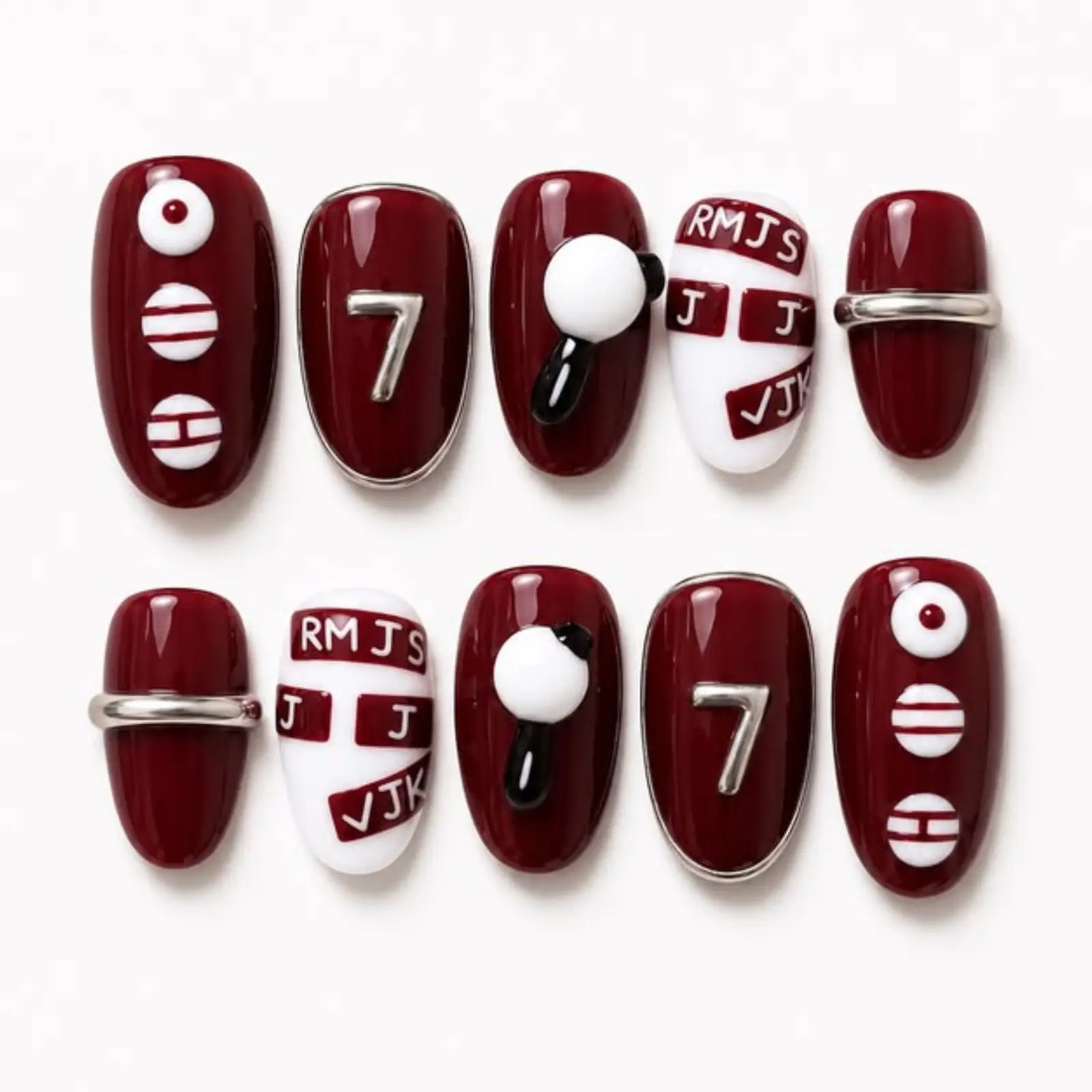 Burgundy Kpop Press On Nails | Number 7 & Music Note Nail Art | Red White Chrome Charm Nails
