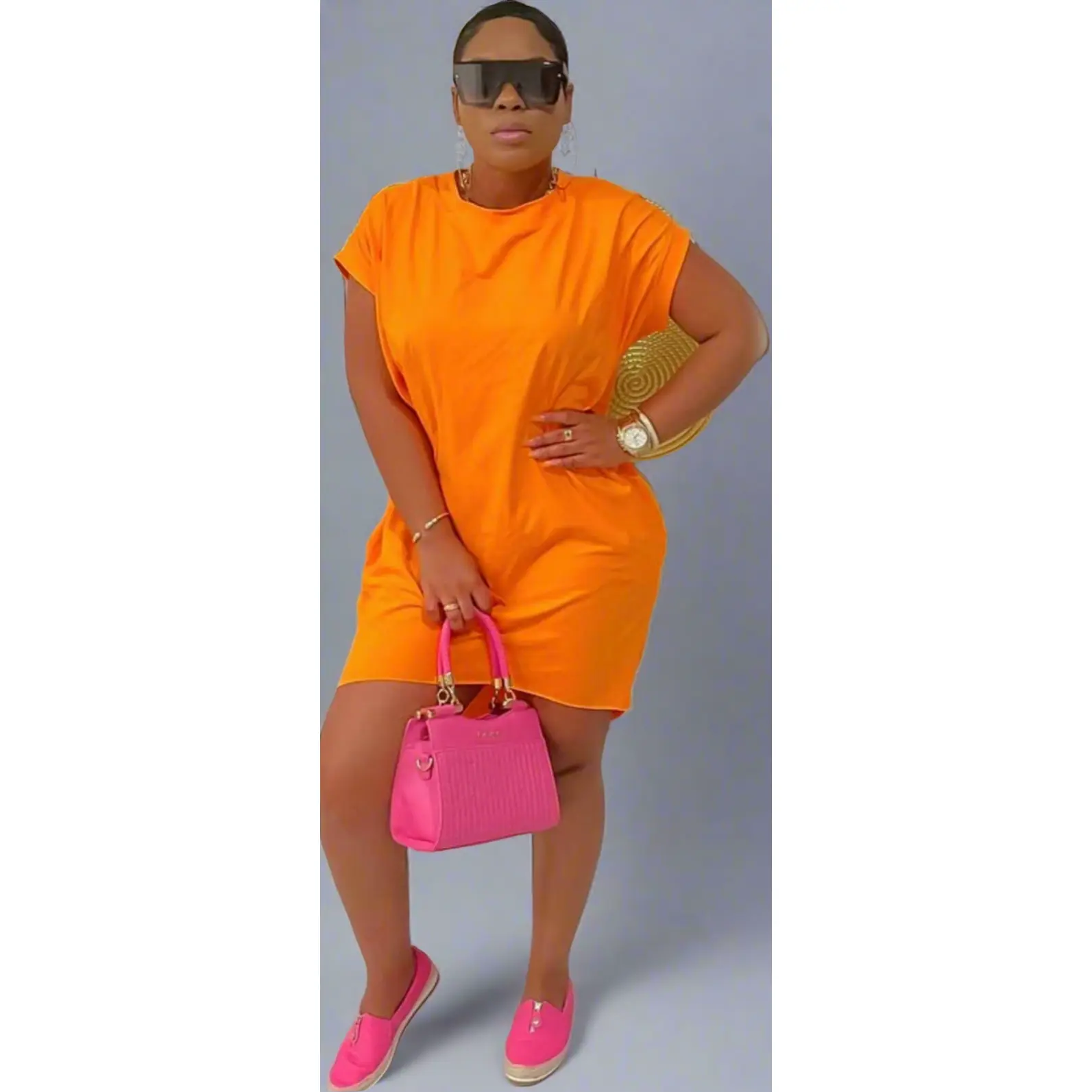 Women's Minimalist Short Sleeve Batwing Jersey Tunic Dress - Casual Summer Basic, Comfortable Style with Pockets, Elegant Business-Friendly Orange Piece with Accessory Compatibility