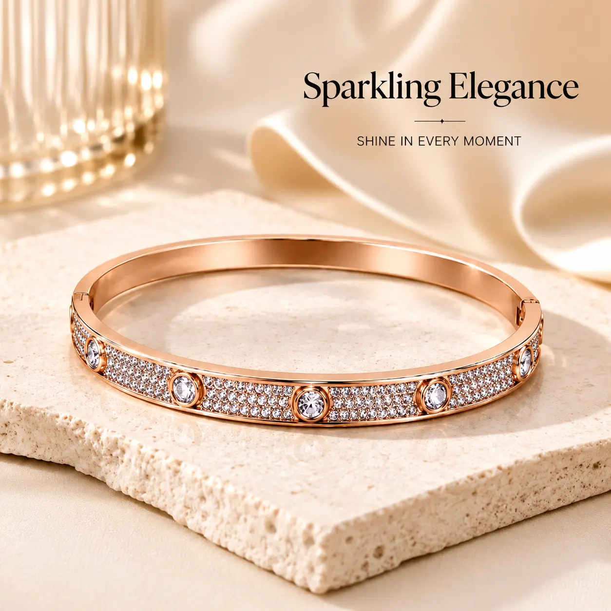 Rose Gold Bangle Bracelet for Women – Sparkling Cubic Zirconia Jewelry, Elegant Fashion Bracelet for Daily Wear & Special Occasions Elegant Rose Gold Rhinestone Bangle Bracelet – Fashion Stackable Jewelry Gift for Women