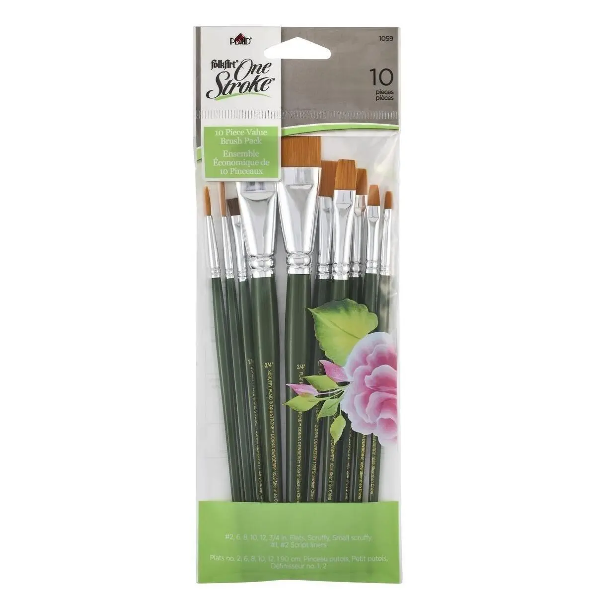 FolkArt 1-Stroke Art Paintbrush Set - 10-Piece Value Pack with #1 Script Liners, 3/4 Flats, Bristle Tips, Premium Art Craft Supplies for Decorative Painting (Home Improvement Paint Tools)