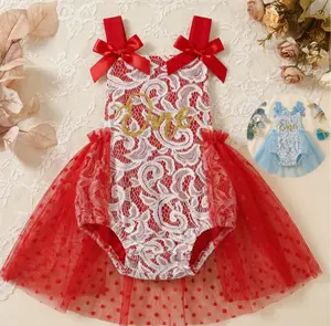 Ready Stock Baby Girl 1st Birthday Outfit Lace Bodysuit Bows Polka Dot Tulle Tutu Dress for Party YB010