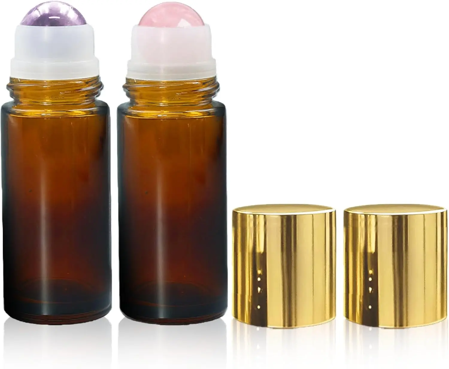 Rose Quartz & Amethyst Roller Bottles for Essential Oils, 50ml Refillable Amber Glass Roll On Bottles with Natural Crystal Roller Balls, Leak-Proof Travel Perfume Bottle with Gold Caps