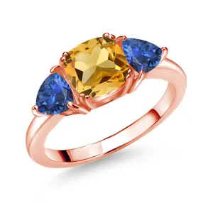 18K Rose Gold Plated Silver Gemstone Birthstone and Blue Created Sapphire 3-Stone Engagement Ring for Women | 7MM Cushion and 5MM Trillion | Three Stone Promise Anniversary Wedding Ring | Sizes 5-9