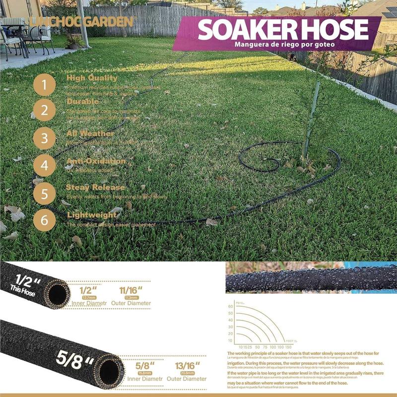LICNCHOC GARDEN Soaker Hose 10ft,1/2 INCH Flexible Durable Garden Hose for Efficient Watering, Leak-Proof Design 100% Recycled Rubber,Ideal for Lawns,Gardens & Flower Beds