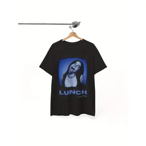 Lunch Billie Album Cover Graphic T-Shirt - Bohemian Style Unisex Black Tee with Blue Art Print, Round Neck Regular Fit, Hand Wash Only, Allseason Clothing, Music Fan Apparel, Artistic Print Shirt, Regularfit Shirt, Nontransparent Fabric