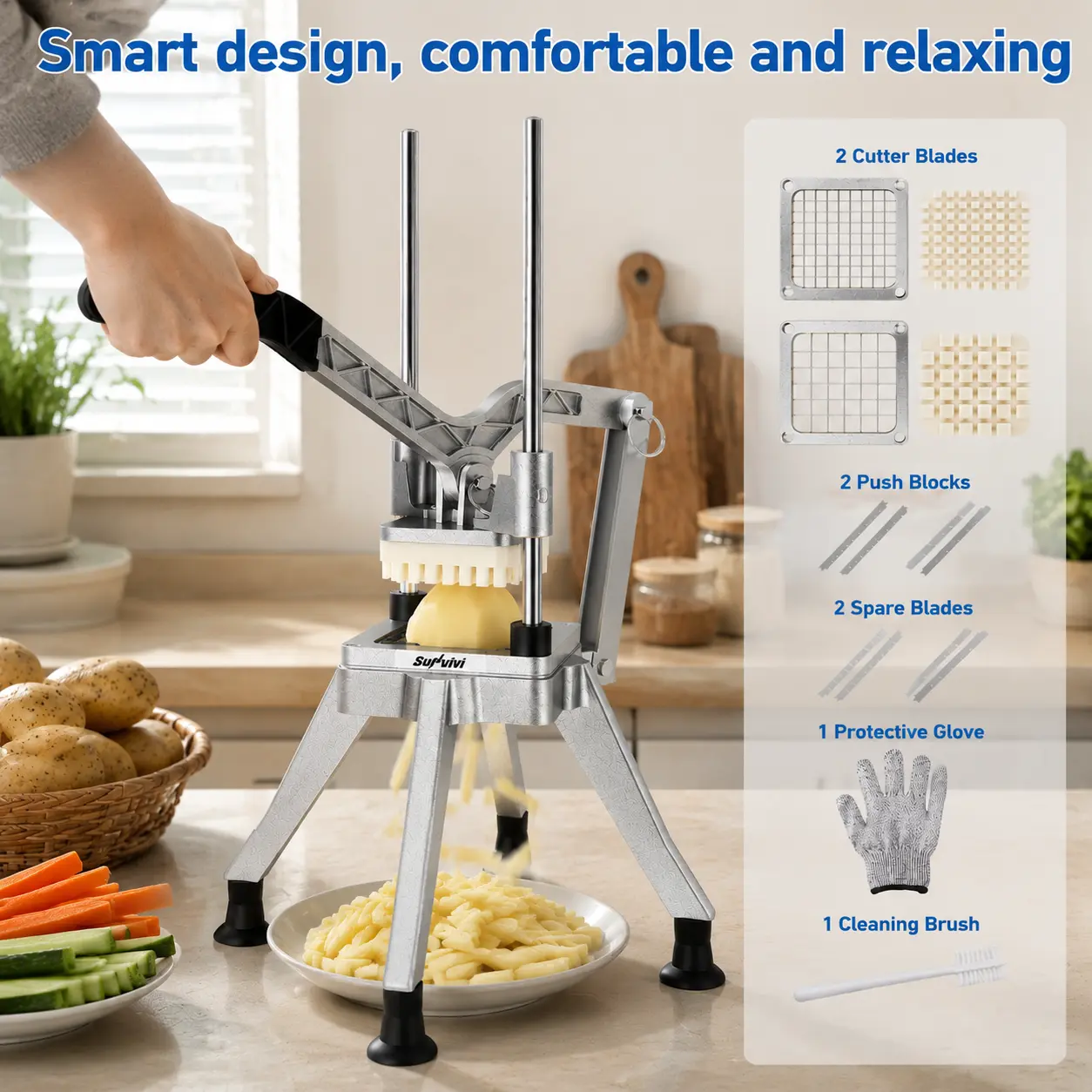 Sunvivi Durable Stainless Steel Commercial French Fry Cutter - Kitchen Utensil for Clean and Quick Slices, Heavy-Duty Cooking Tool with 2 Replaceable Blades (1/2 in & 3/8 in) for Potatoes, Carrots, Yam, 18.7''(l) x 8.3''(w) x 8.3''(h),home essential