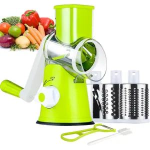 Ourokhome Rotary Cheese Grater Hand Crank, Kitchen Shredder Speed Mandolin Slicer Nut Grinder with Handle and Drum Blades for Cheese, Vegetable, Walnut, Chocolate, Potato, Carrot, 3 Blades, Green Ourokhome cheese grater