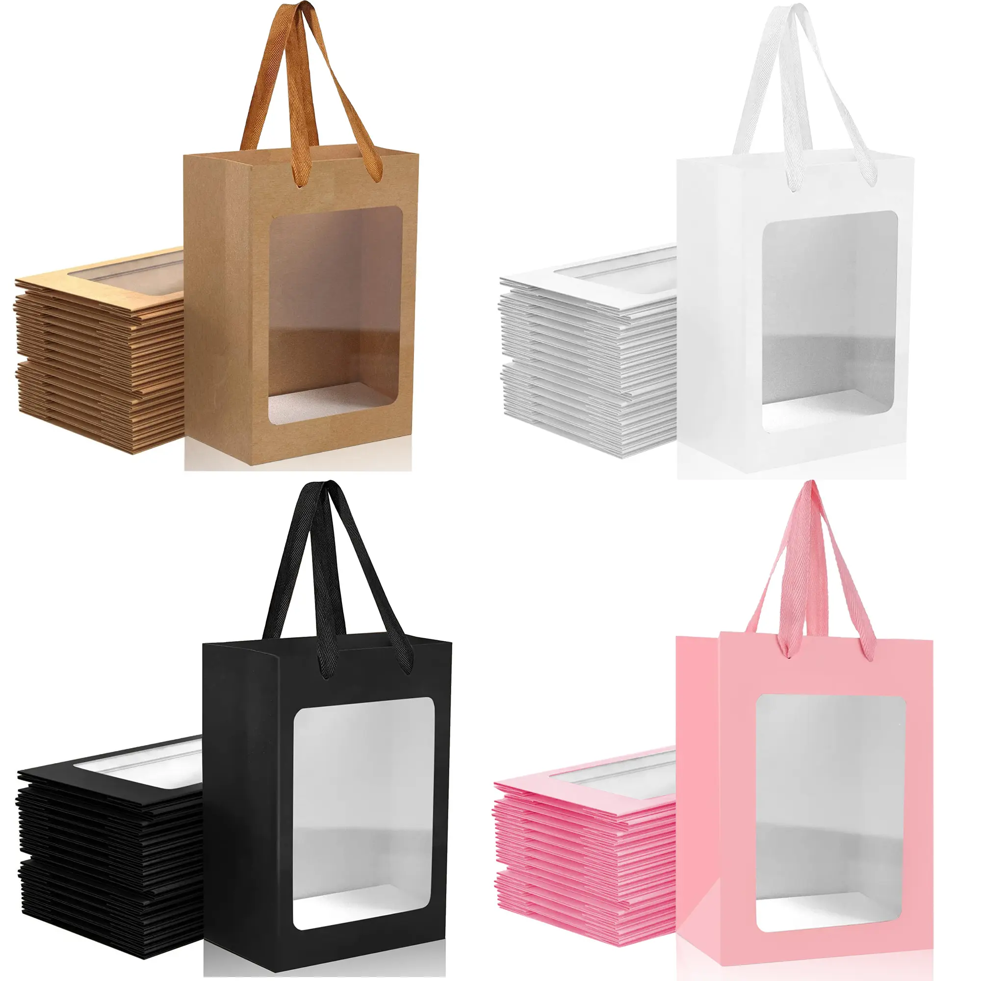 10 Pack Paper Gift Bags with Clear Window, 25.04 Cm X 17.78 Cm X 13.00 Cm Eco-Friendly Shopping Bags, Flower Gift Bags, Gift Wrapping Supplies, Gift Wrapped, Packaging With Window, Perfect for Bouquets, Christmas, Birthdays and Parties in 4 Color Options