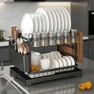 2-Tier Dish Drainer with Utensil Holder, Stainless Steel Dish Drainer with Drainboard , Large Capacity Metal Kitchen Dishes Drying Rack Plate Organizer for Bowls/Cups/Bottles,Mother's Day Gift,Black