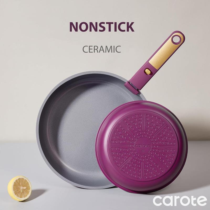 CAROTE Ceramic Pots and Pans Set, Nonstick Cookware Set Detachable Handle, 6pcs Induction Kitchen Cookware Sets Non Stick with Removable Handle, RV Cookware Set, Oven Safe, Purple