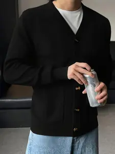 Men's Solid Color V-Neck Button Cardigan Jacket, Single-Breasted Vintage Casual, Windproof Warm Thick Knit with Pockets, Oversized Long Sleeve