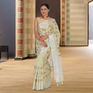 Tissue Banarasi saree with embroidery - Sea Green