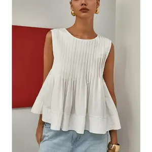 Womens Summer Pleated Peplum Sleeveless Blouse Tank Tops Round Neck Y2K Babydoll Blouse Shirt