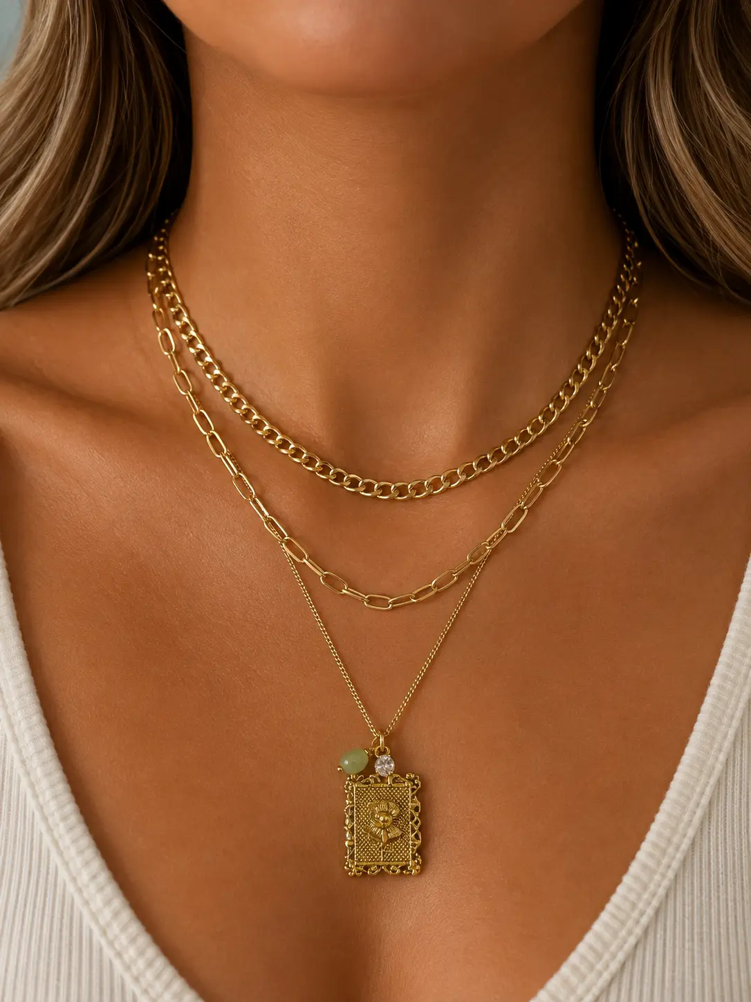 Vintage Floral Pendant Necklace Gold Tone 3-in-1 Layered Design with Crystal & Green Bead Accents for Women Everyday Wear or Party