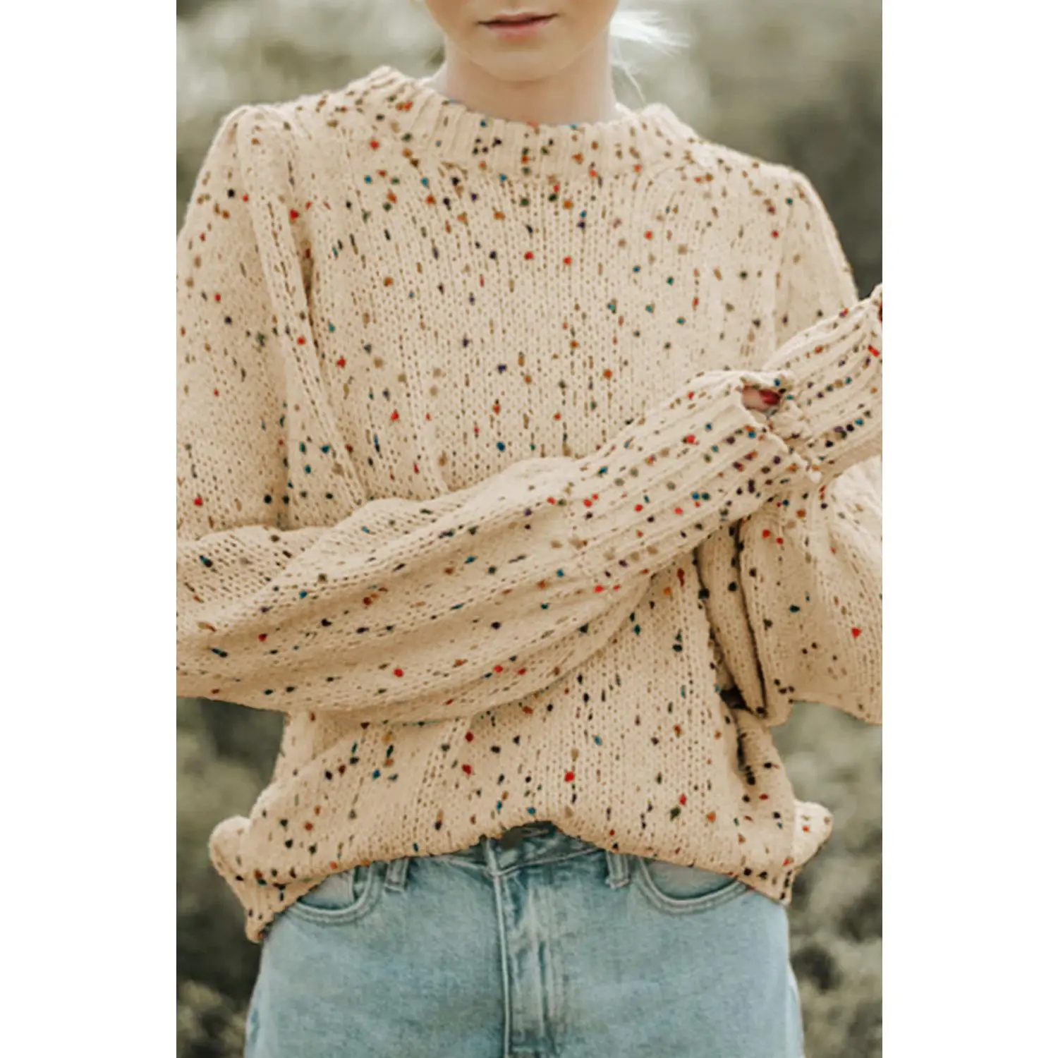 Colorful Dots Cable Knit Crew Neck Sweater