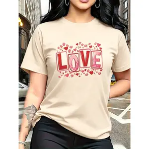 100% cotton, the back features leopard print and heart motifs, with letters printed in different styles of red and pink tones, trendy and fashionable. The simple round-neck, casual and versatile short-sleeve women's T-shirt is suitable for leisure