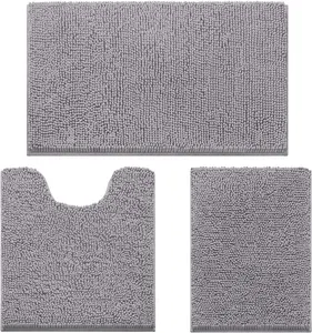 3 Piece Chenille Bathroom Rugs Set, Ultra Absorbent Fluffy Bath Mats with Non-Slip PVC Backing, Washable Soft Bathroom Carpet, U-Shaped Toilet Rug for Bathroom, Tub, Kitchen, Bedroom Home Decor
