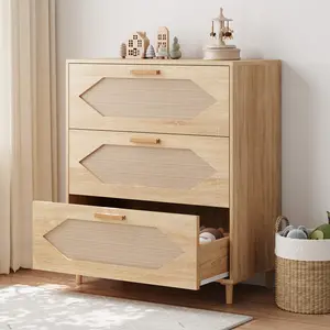 Rattan Modern Dresser Wood Chest of Drawers, 3 Drawer Rattan Dresser for Bedroom, Wooden Storage Cabinets for Bedrooms, Living Rooms, and Entryways, Easy Assemble