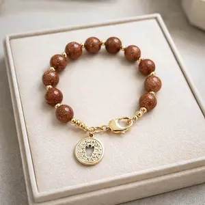 Goldstone Energy Bracelet Aventurina – Sparkling Natural Stone Beaded Bracelet with Gold Charm | Protection & Success Jewelry