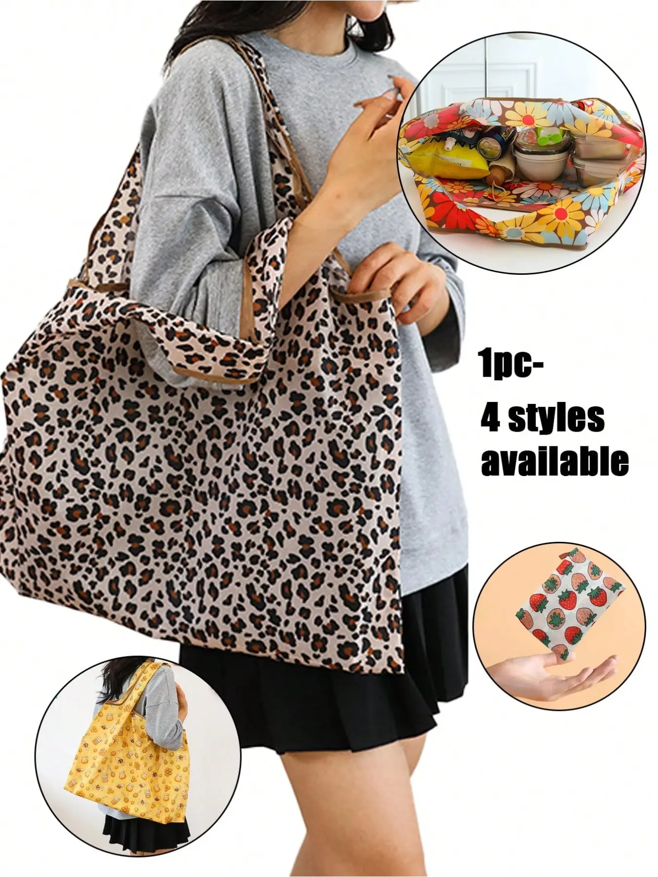 Waterproof, large-capacity, reusable shopping bags with leopard print, bee, flower, and strawberry print patterns - foldable supermarket tote bags, durable, machine washable, handbags, foldable shopping bags, foldable shopping bags