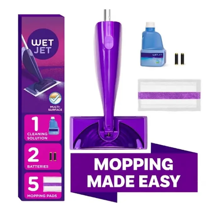 Electric Upright Wet Jet Mop with Unscented Refill Kit - 1 Handle, 1 Cleaning Solution, 5 Pads, Battery Included