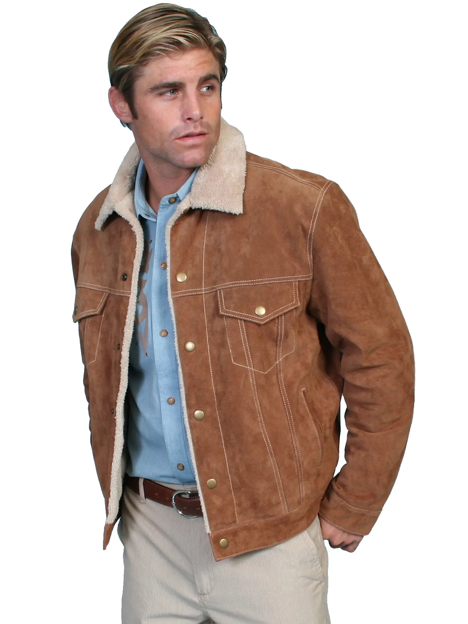 Men's Rugged Boar Suede Jacket with a Faux Shearling Lining and Collar, a Workwear Coat with Nylon-Lined Sleeves, Pockets, and Waist Cinch
