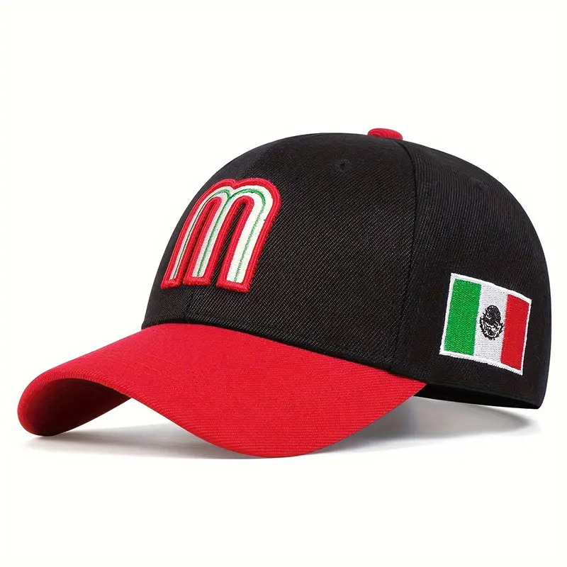 Unisex Embroidered M Letter Baseball Cap - Mexican Flag Design, Hip-Hop Net Style, Adjustable Black Cap for Everyday Outdoor Casual Wear Premium Quality Cap Patch Hat