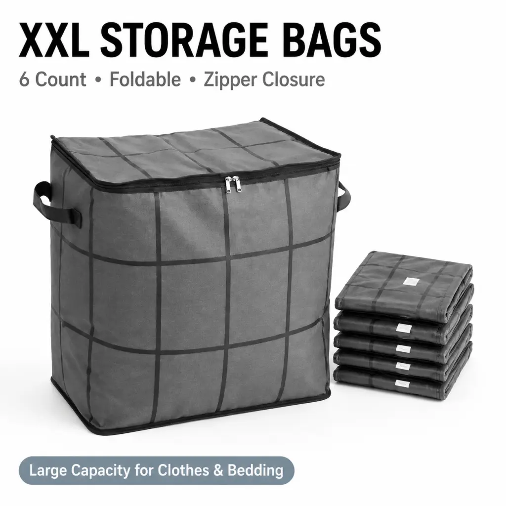 6-Pack XXL Foldable Non-Woven Fabric Storage Bags with Handles and Zippers, Space-Saving Home Organizers for Clothes Bedding, Closet Bedroom Use, Ideal Moving Box Alternative Gift