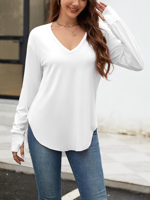 Renaishow Womens Deep V Neck Tunic Tops Long Sleeve Oversized Casual Loose Fit Curved Hem T Shirts with Thumb Holes Blouses Light Breathable Solid