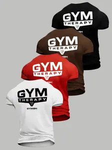 Men's Gym Therapy Letter Print T-Shirt Set, High Elastic Quick-Dry Breathable Fabric, Casual Short Sleeve Fitness Tee for All Seasons