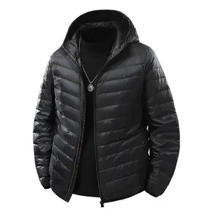 Men’s Black Hooded Lightweight White Duck Down Jacket – Zip-Up Casual Warm Coat
