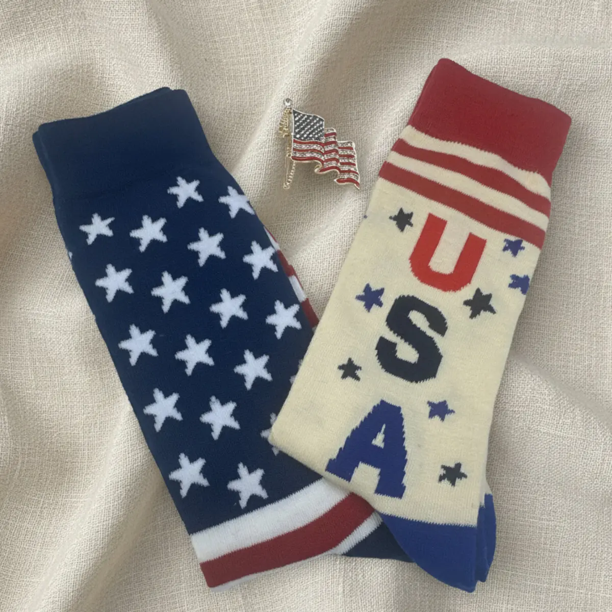 Patriotic Crew Socks & Rhinestone American Flag Pin Gift Set
