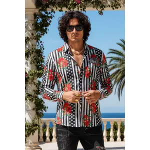 POLKA DOT Floral Long Sleeve Shirt - Navy Polyester, Medium Size, Printed Design, Smooth Fabric, Suitable for Men Casual Menswear Top Wetsuit Black Tropical