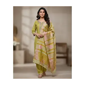 Olive Green 3-Piece Suit Set with Embroidered Neckline & Dupatta Large Size left (3PS-11 )