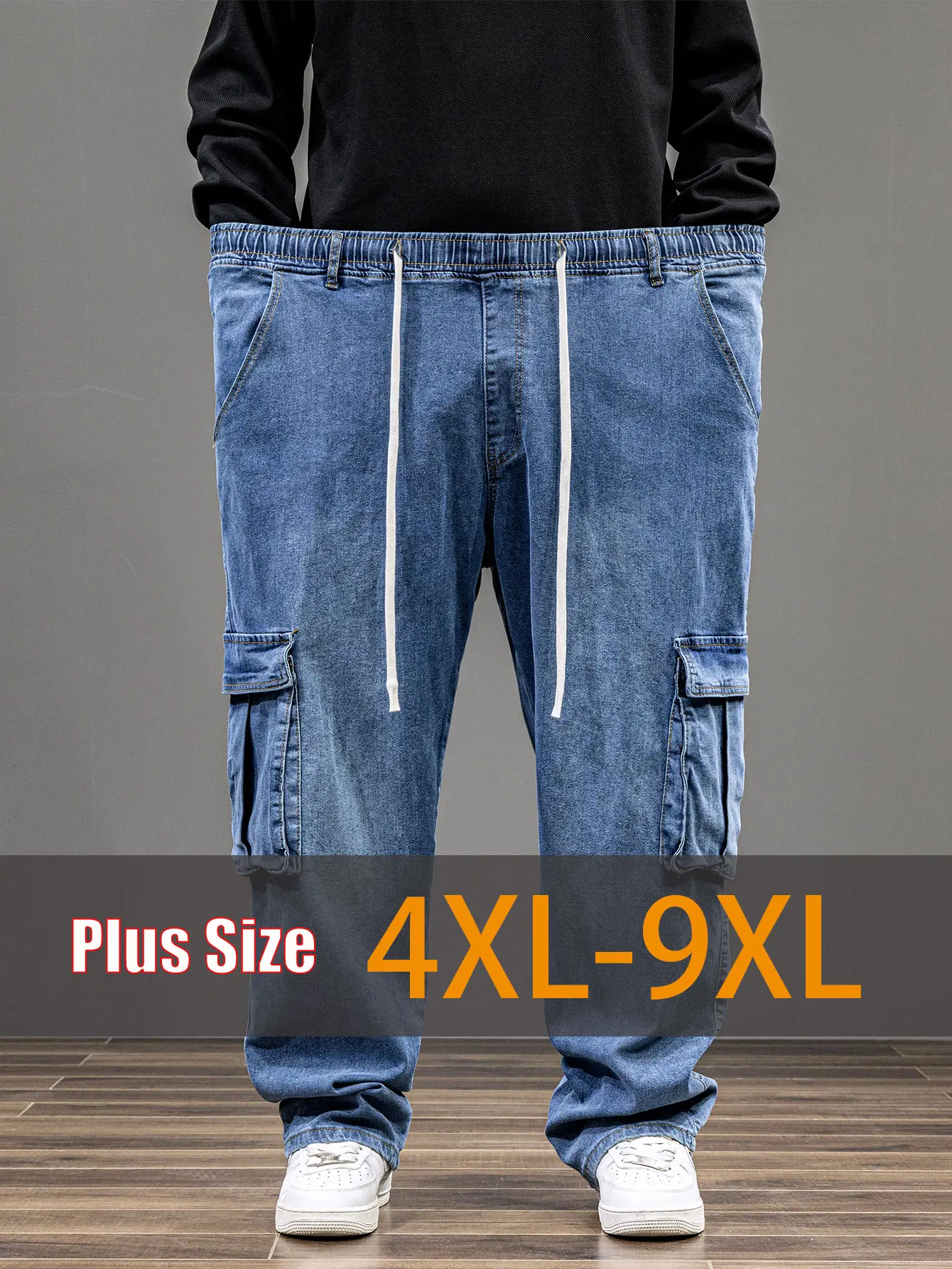 Men's 4XL-9XL Loose Fit Wide Leg Plain Denim Jeans, Menswear, Elastic Waistband, High Elasticity, Extra Durable Workwear Streetwear Pants with Multiple Pockets