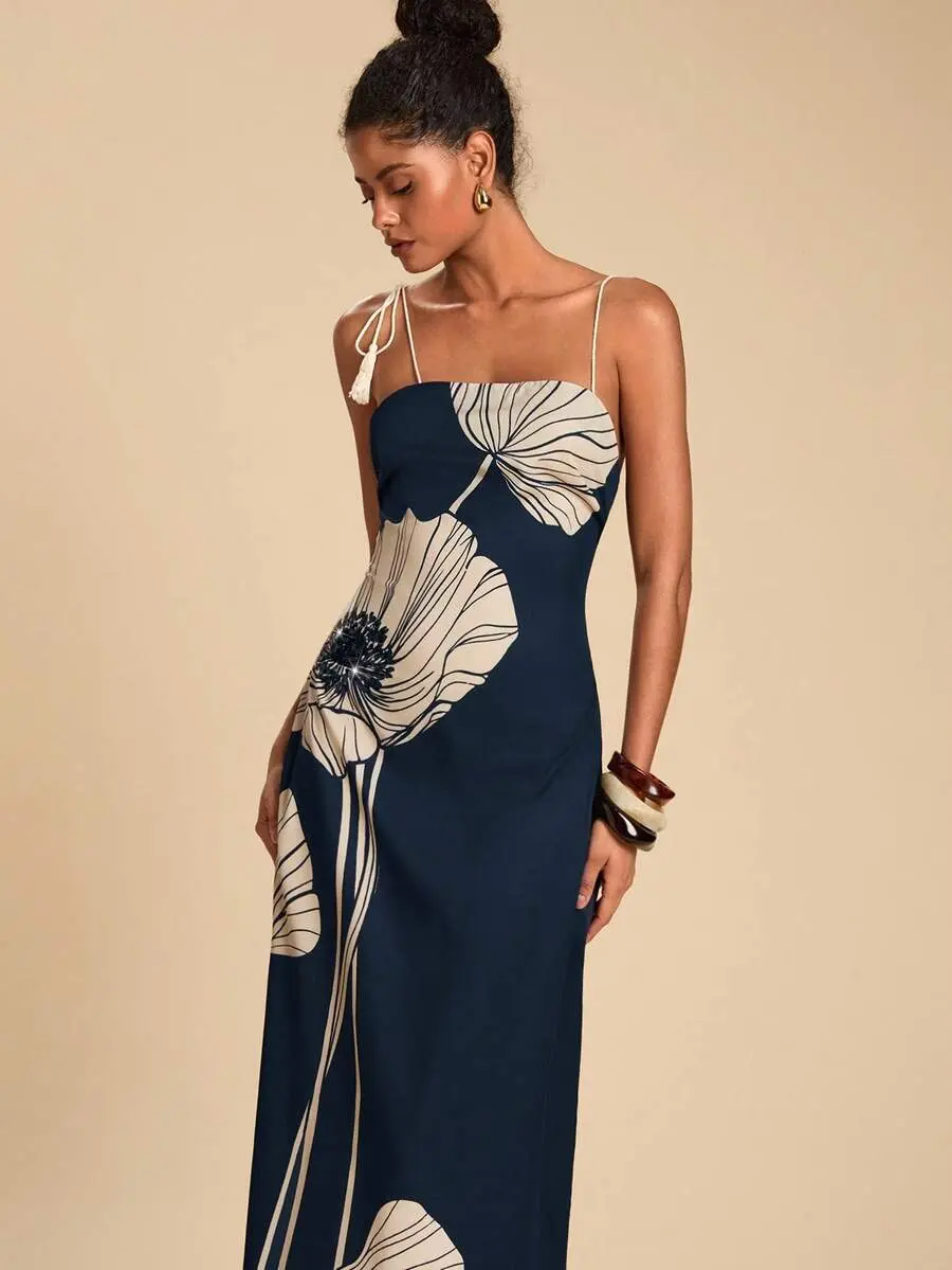 Summer Boho Holiday Vacation Dress Travachic Elegant Navy Blue Floral Tropical Print Sequin Backless Camisole Strap Dress,Summer Holiday Vacation Outfit,Luxury Wedding Guest Party Evening Dress