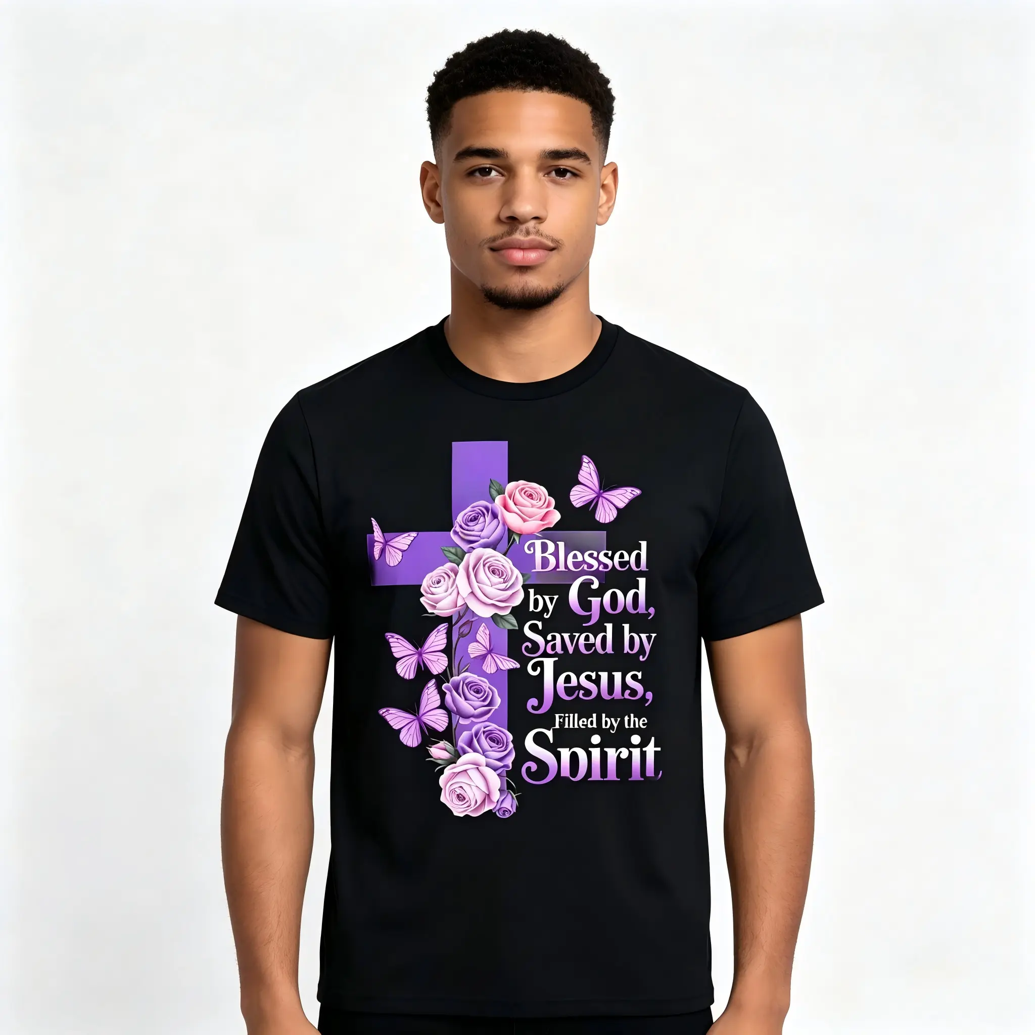 Blessed by God Saved by Jesus Butterfly Cross Christian T-Shirt Cotton Tee