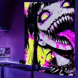 Japanese Horror Anime Tapestry - Yellow-Eyed Sharp-Toothed Girl Wall Hanging with Neon Pink & Black Art, Washable Polyester Fabric, Stitched Edges for Bedroom, Dorm, Home Decor - Unique Gift for Anime Fans, Anime Wall Art, Bold Contrast Des