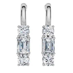 F/VS 6Ct Emerald & Round Cut Diamond Earrings 14k Gold Lab Grown 1 1/3"  Tall